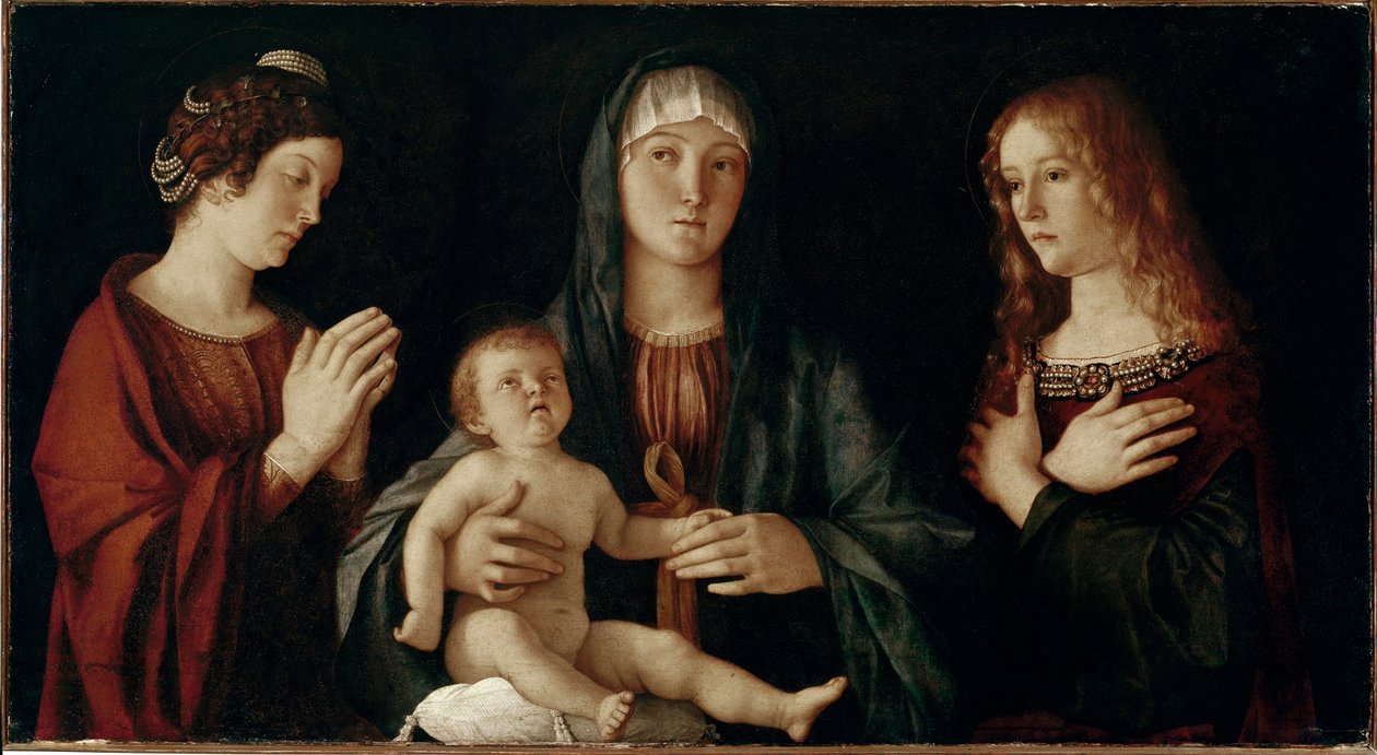 Virgem com criança com Santa Catarina e Santa Maria Madalena (tempera no painel de Giovanni Bellini