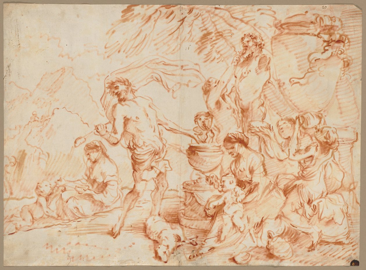 Bacanal diante de uma ermida, início da década de 1660 (óleo e pigmento castanho-avermelhado) de Giovanni Benedetto (1609 64) Castiglione