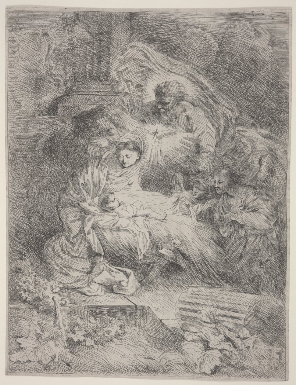 A Natividade com Deus Pai, a Pomba do Espírito Santo e os Anjos, c.1645 (gravura) de Giovanni Benedetto Castiglione