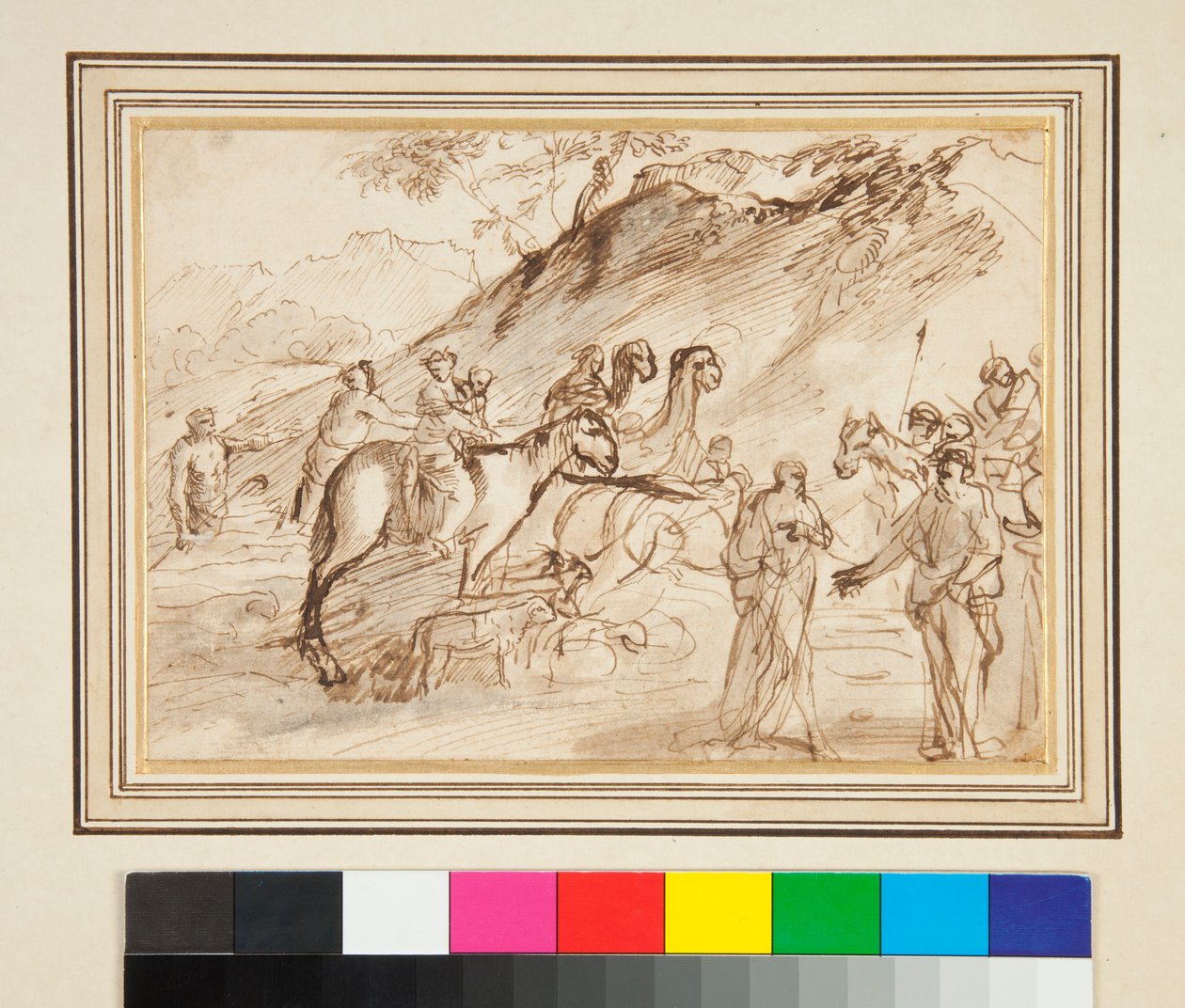 Um encontro entre dois homens, cavalos e camelos em segundo plano (caneta e tinta marrom e aguada cinza) de Giovanni Benedetto Castiglione