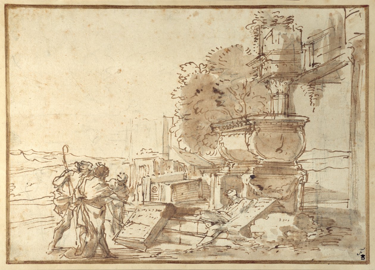 "Et in Arcadia Ego... (caneta e tinta castanha com lavagem castanha sobre giz preto no papel) de Giovanni Benedetto Castiglione