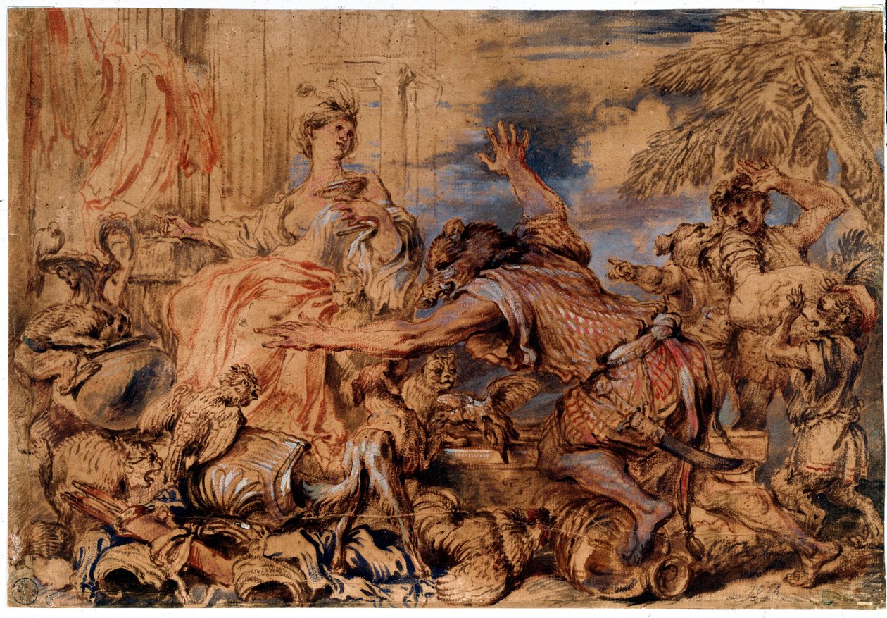 Odisséia de Homero: os companheiros da bruxa Circe e Odisseu (Ulisses) transformados em porcos - Desenho de Giovanni Benedetto Castiglione