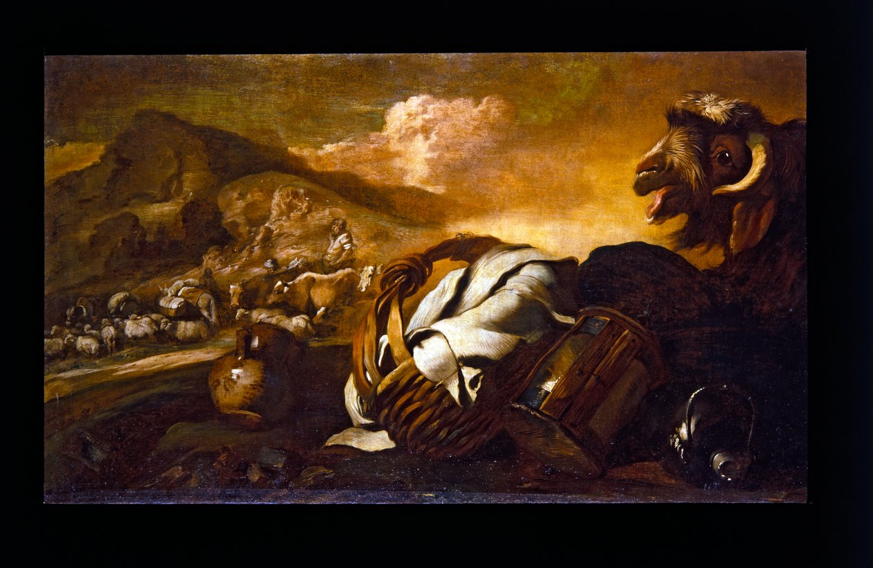 Natureza morta com cabra de Giovanni Benedetto (1609-64) Castiglione