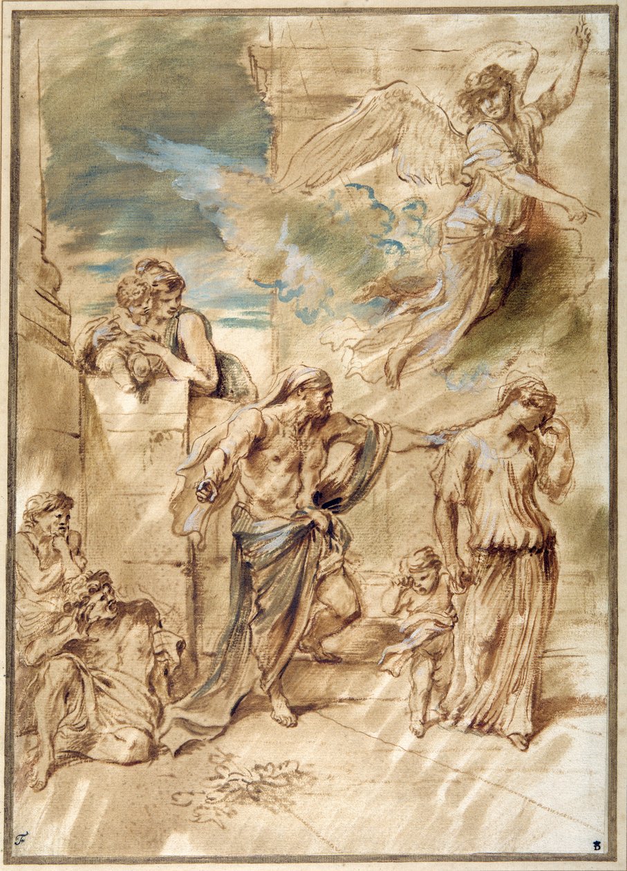 A Expulsão de Hagar (caneta e tinta com lavagem e guache sobre papel) de Giovanni Benedetto Castiglione