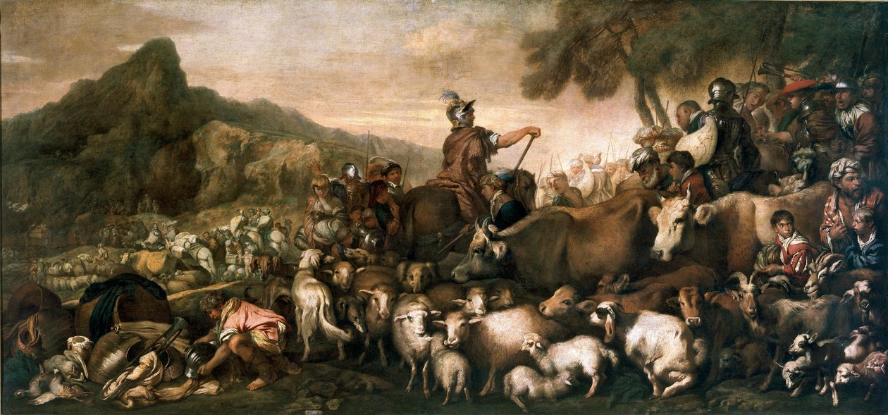 O povo hebreu em uma viagem à Terra Prometida Pintura de Giovanni Benedetto Castiglione dit il Grechetto (1610-1665) Sol do século XVII. 140x300 cm Milão, Pinacoteca di Brera de Giovanni Benedetto Castiglione