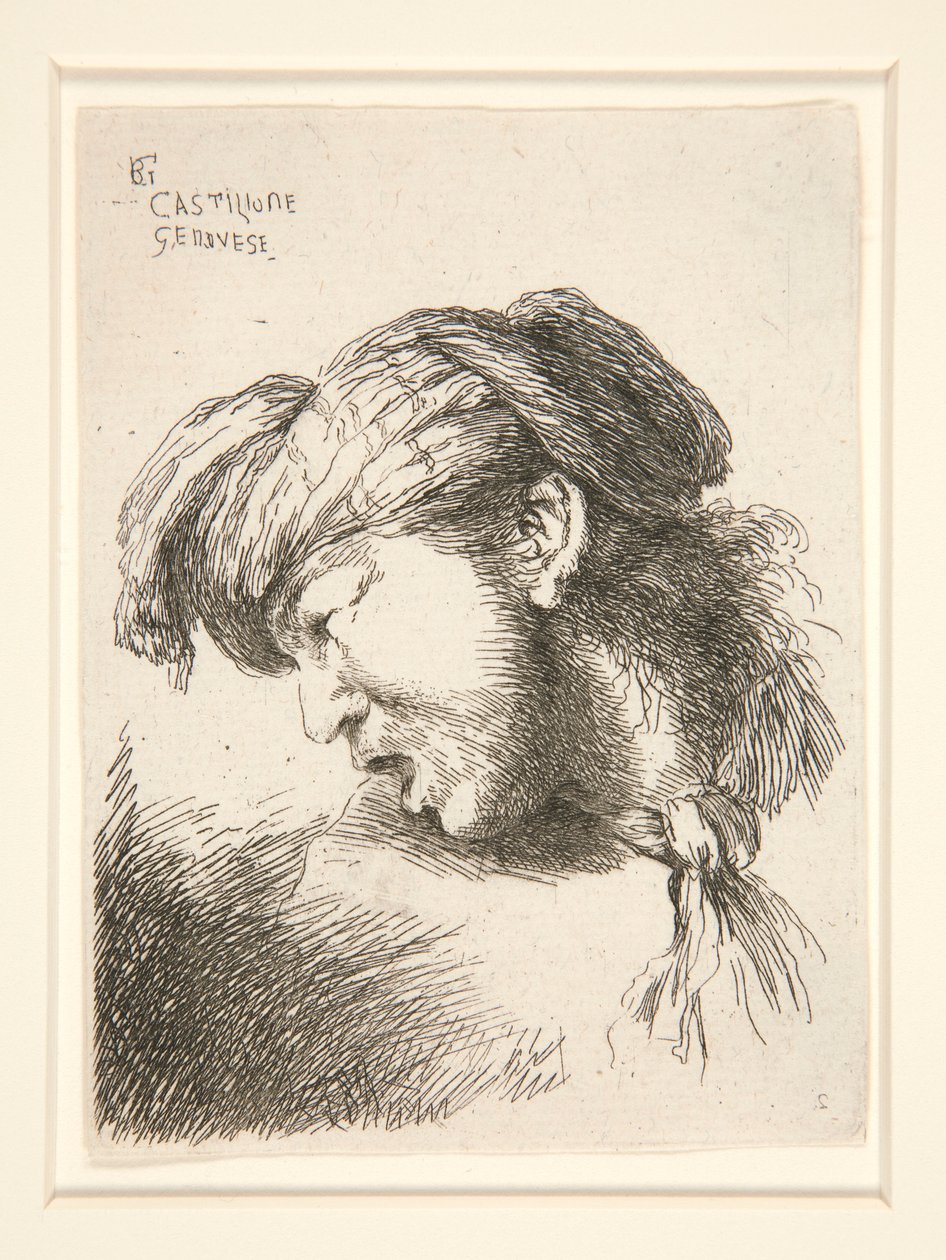 Um Homem sem Barba, visto de perfil e virado à direita. Sua boca está aberta como se fosse gritar, da série Les petites tetes d de Giovanni Benedetto Castiglione