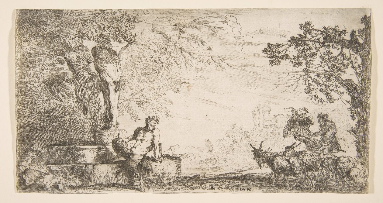 Um sátiro reclinado ao pé de um staute de Priapus, cabras à direita, ca. 1645-48. de Giovanni Benedetto Castiglione