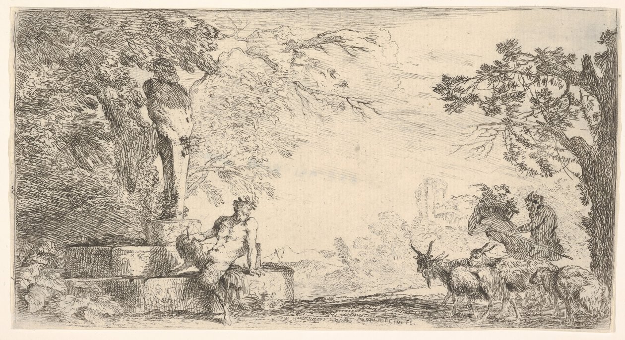 Um sátiro reclinado ao pé de um staute de Priapus, cabras à direita, ca. 1645-48. de Giovanni Benedetto Castiglione
