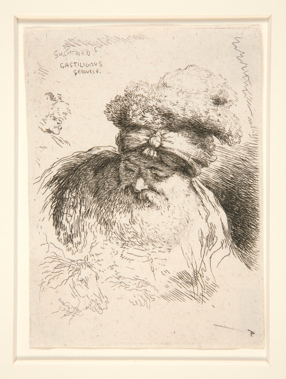 Um velho com uma grande barba, visto de frente, com a cabeça e os olhos abaixados, da série Les petites tetes d de Giovanni Benedetto Castiglione