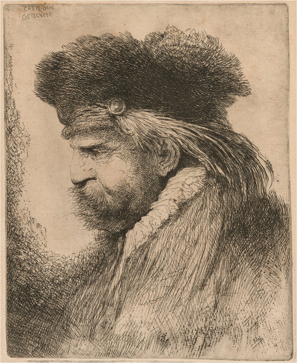 Homem barbudo com gorro de pele, virado para a esquerda de Giovanni Benedetto Castiglione
