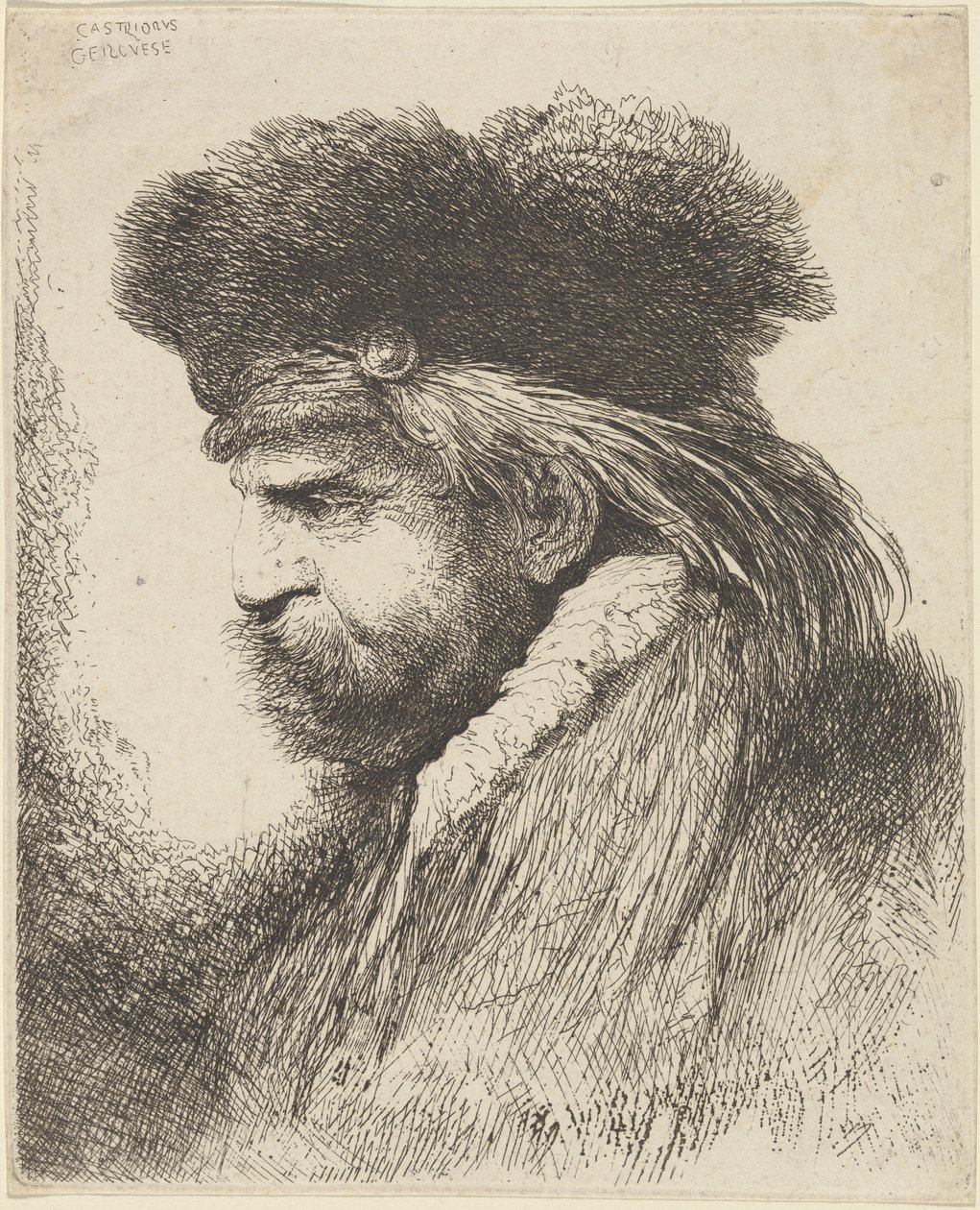 Homem barbudo com gorro de pele, virado para a esquerda de Giovanni Benedetto Castiglione