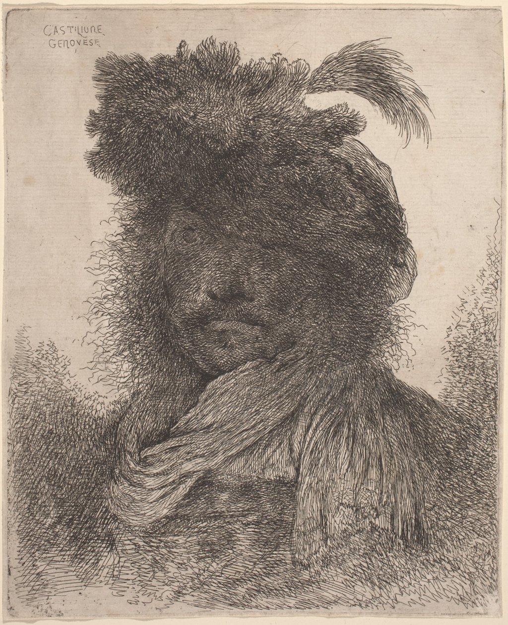 Homem barbudo com rosto sombreado, usando um lenço e um chapéu emplumado de Giovanni Benedetto Castiglione