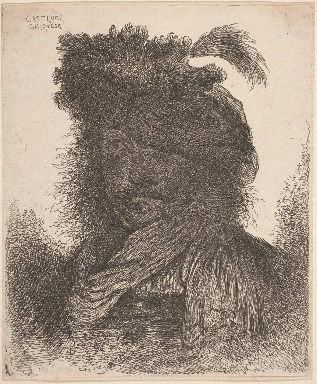 Homem barbudo com rosto sombreado, usando um lenço e um chapéu emplumado de Giovanni Benedetto Castiglione