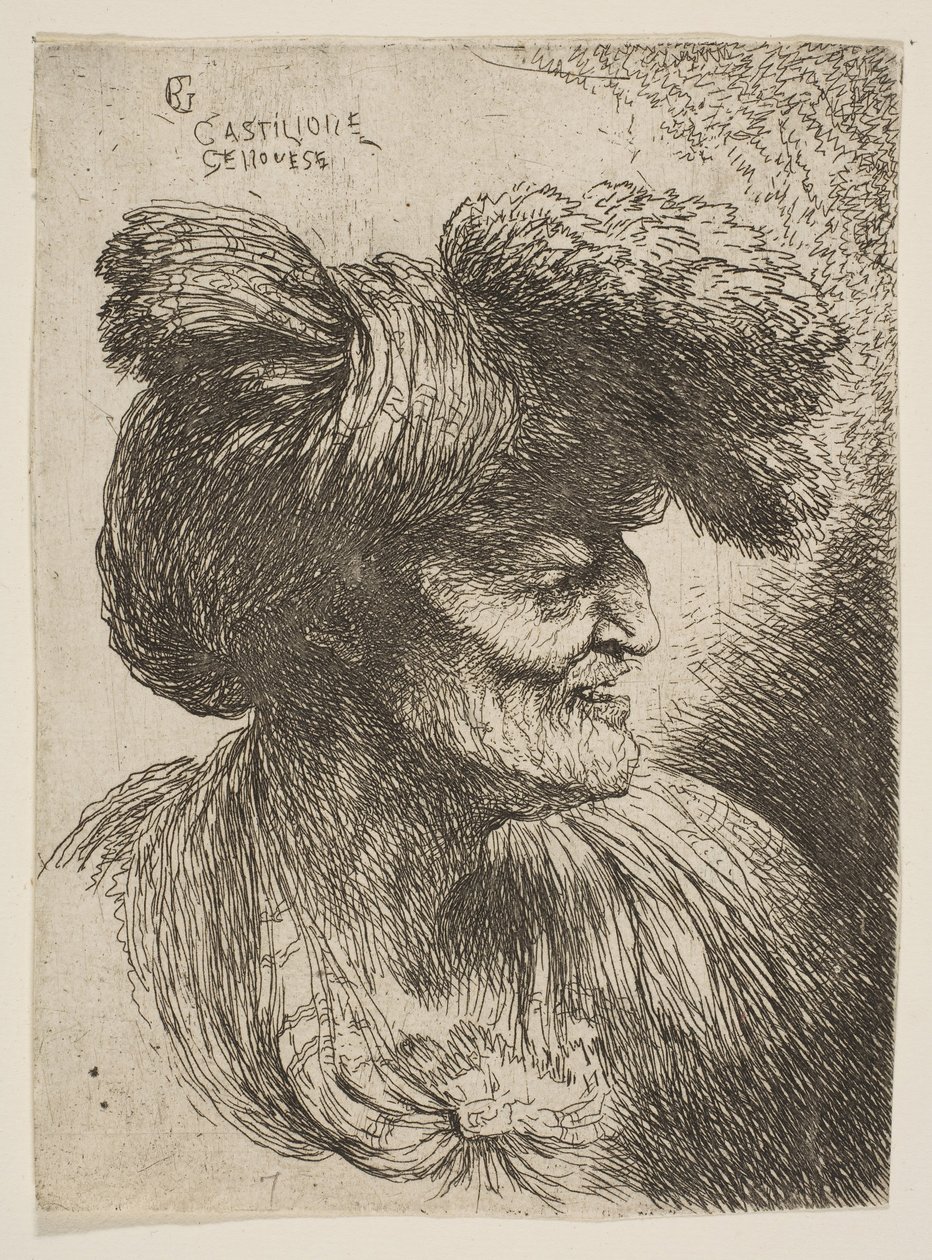 Busto de velho sem barba de perfil voltado para a direita, da série Small Head ..., ca. 1645-1650. de Giovanni Benedetto Castiglione