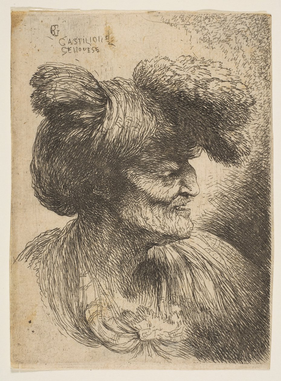 Busto de velho sem barba de perfil voltado para a direita, da série Small Heads ..., ca. 1645-50. de Giovanni Benedetto Castiglione