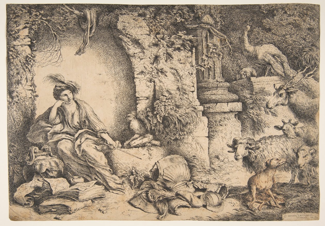 Circe com os companheiros de Ulisses transformou-se em animais, 1650-51. de Giovanni Benedetto Castiglione
