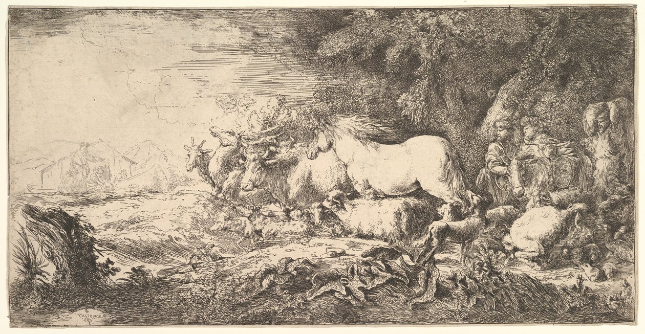 Na entrada dos animais na arca de Noé, três homens seguem quadrúpedes e pássaros caminham ..., ca. 1650-55. de Giovanni Benedetto Castiglione