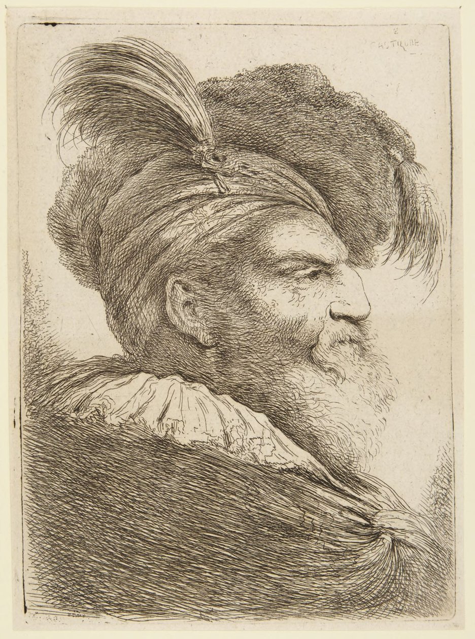 Cabeça de um homem barbudo com chapéu de plumas de Giovanni Benedetto Castiglione