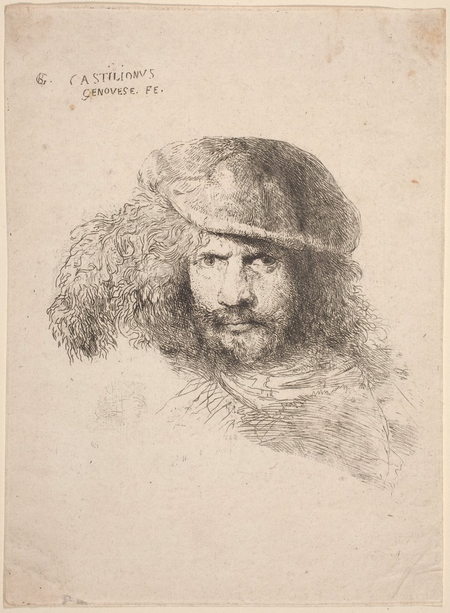 Cabeça de um jovem com um chapéu de penas (o chamado autorretrato) de Giovanni Benedetto Castiglione
