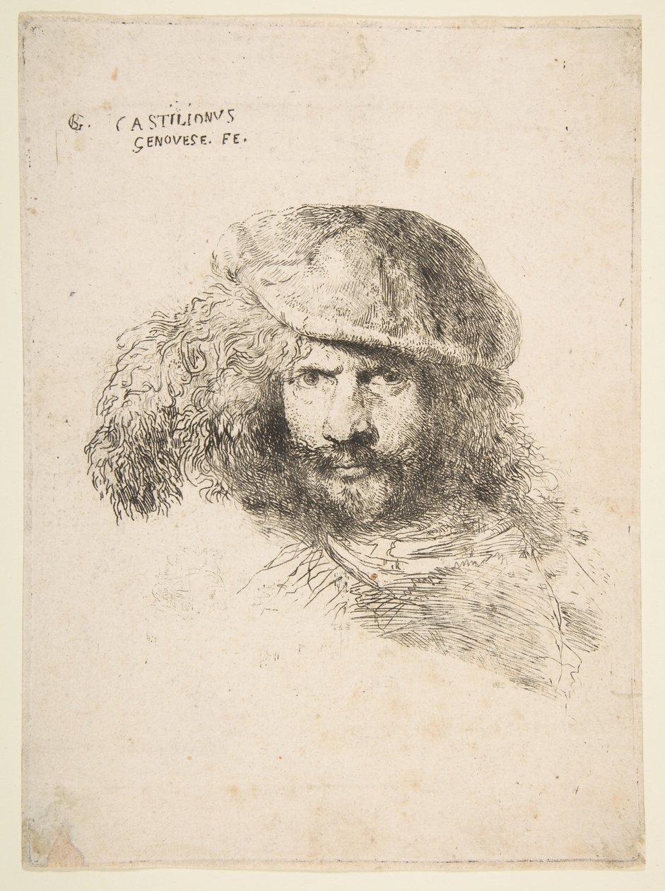 Cabeça de um homem vestindo um boné de penas, possivelmente Bernini, possivelmente um auto-retrato ..., ca. 1645-1650. de Giovanni Benedetto Castiglione