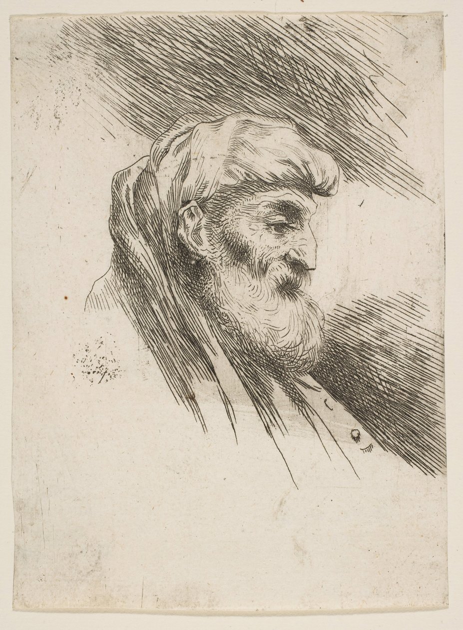 Cabeça de um velho barbudo virado para a direita, da série Small Heads in Orien ..., ca. 1645-1650. de Giovanni Benedetto Castiglione
