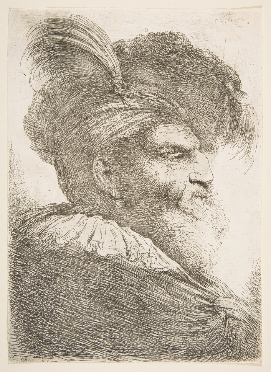 Cabeça de um homem velho voltado para a direita, da série de Grandes Cabeças Orientais, ca. 1645-1650. de Giovanni Benedetto Castiglione