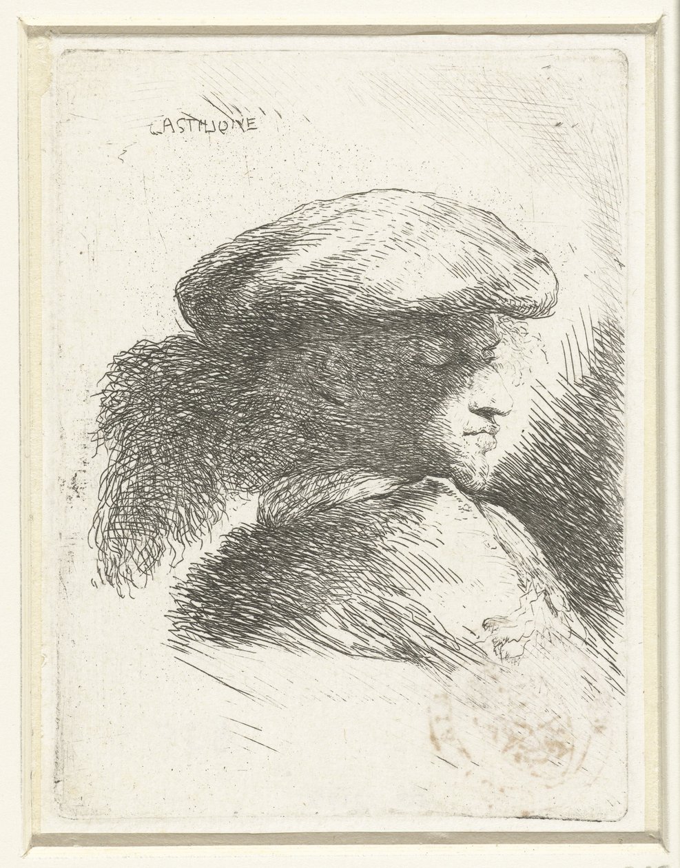 Cabeça de um jovem com um chapéu com uma pena Pequeno estudo de cabeças com chapelaria oriental (título da série) de Giovanni Benedetto Castiglione