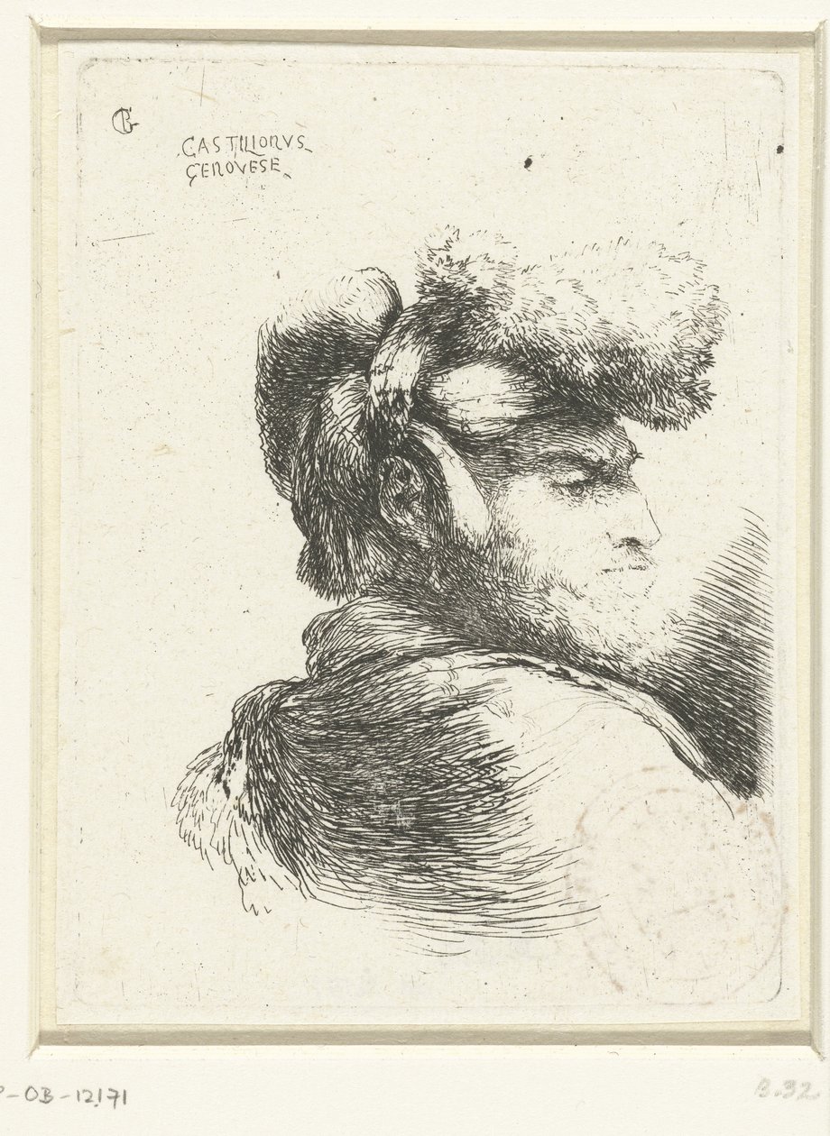 Cabeça de um homem com um chapéu enfeitado com pele Pequeno estudo de cabeças com chapelaria oriental (título da série) de Giovanni Benedetto Castiglione