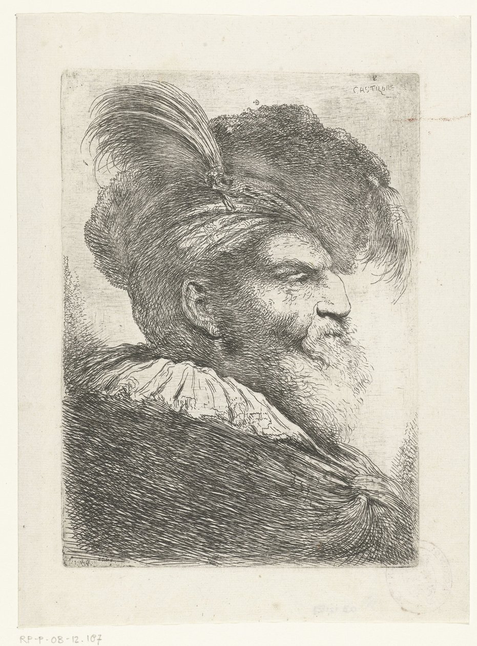 Cabeça de um homem com turbante e chapéu de pele Grande estudo de cabeças com chapelaria oriental (título da série) de Giovanni Benedetto Castiglione