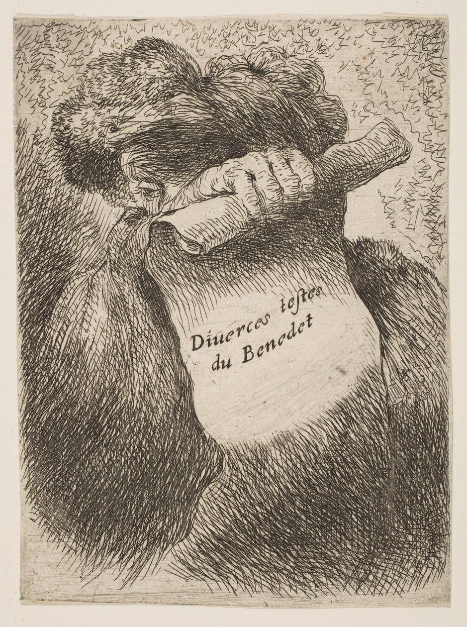 Homem segurando um pergaminho na frente do rosto, da série Small Heads em Ori ..., ca. 1645-1650. de Giovanni Benedetto Castiglione