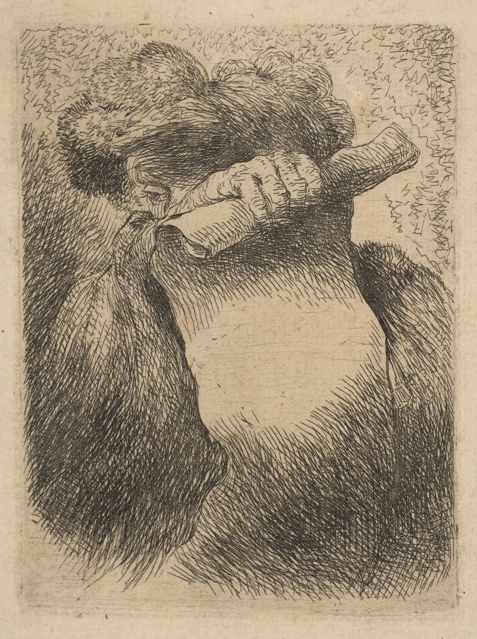 Homem segurando um pergaminho na frente do rosto, da série Small Heads em Orien ..., ca. 1645-50. de Giovanni Benedetto Castiglione