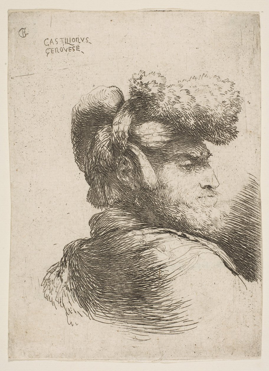 Homem de perfil virado para a direita, usando um chapéu de pele, da série Small Heads in Or ..., ca. 1645-1650. de Giovanni Benedetto Castiglione