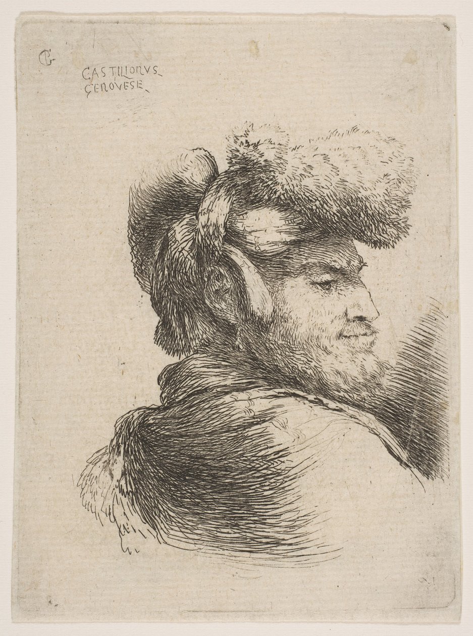 Homem de perfil virado para a direita, usando um chapéu de pele, da série Small Heads in Orie ..., ca. 1645-50. de Giovanni Benedetto Castiglione
