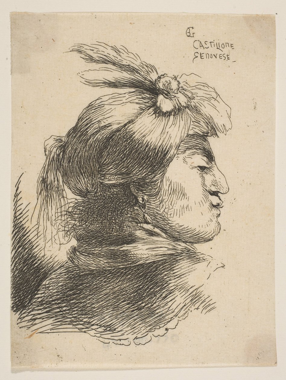 Homem vestindo um pequeno turbante Oonamented com plumas e fita, virado para a direita, de ..., ca. 1645-1650. de Giovanni Benedetto Castiglione