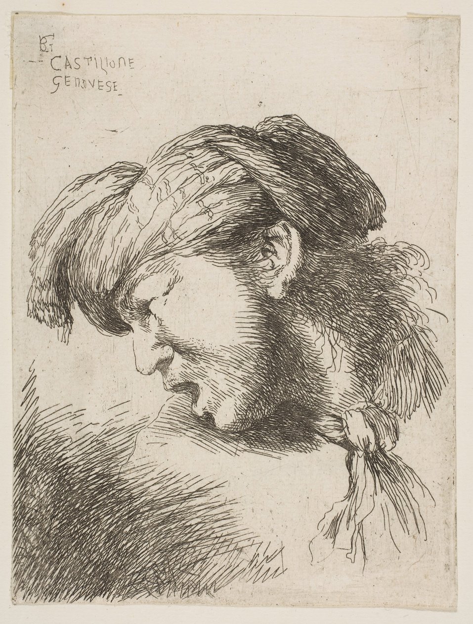 Homem de turbante, gravata presa ao pescoço, virada para a esquerda, da série de ..., 1645-1650. de Giovanni Benedetto Castiglione