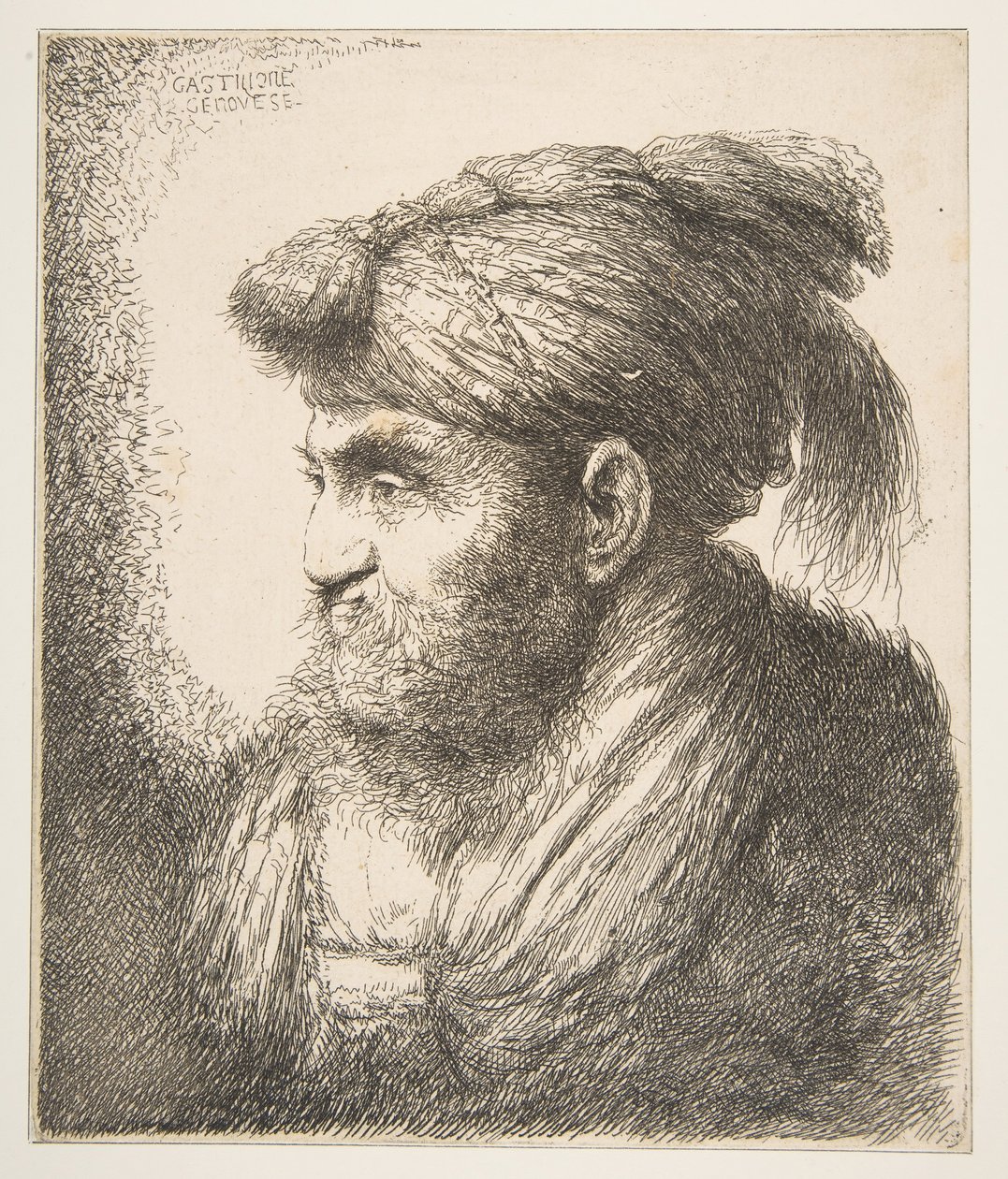 Homem usando um turbante voltado para a esquerda, da série Large Large Heads, ca. 1645-50. de Giovanni Benedetto Castiglione