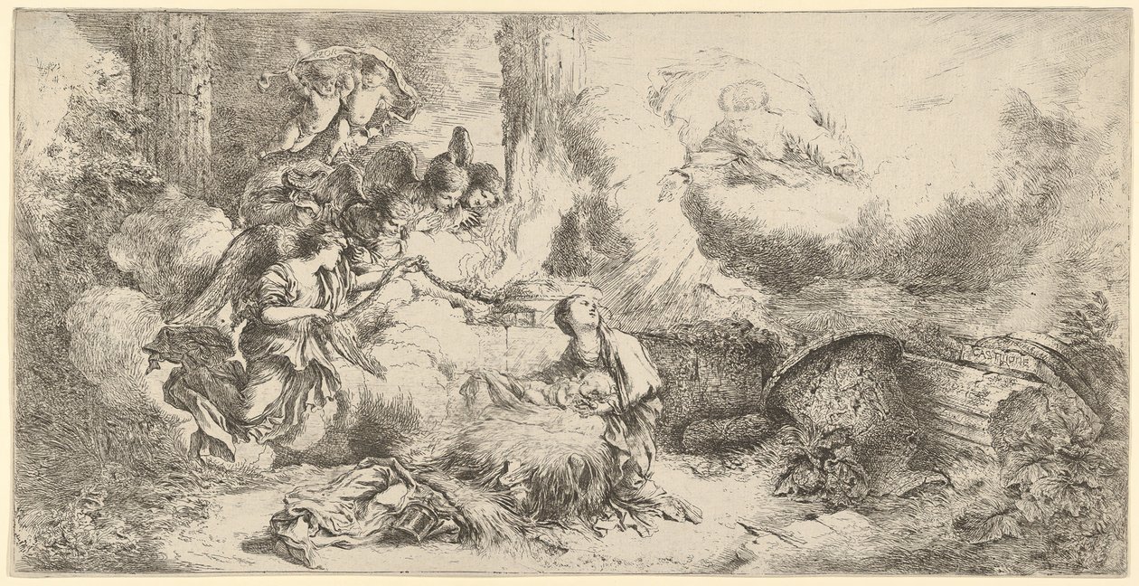 Natividade com Deus Pai e anjos, ca. 1647-50. de Giovanni Benedetto Castiglione