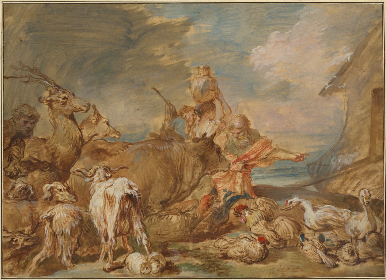 Noé conduzindo os animais para dentro da arca de Giovanni Benedetto Castiglione