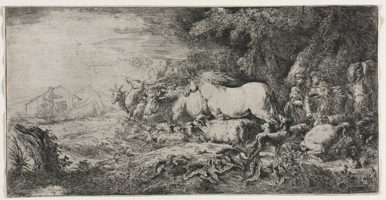 Noé e os animais entrando na arca, 1650-1655. de Giovanni Benedetto Castiglione