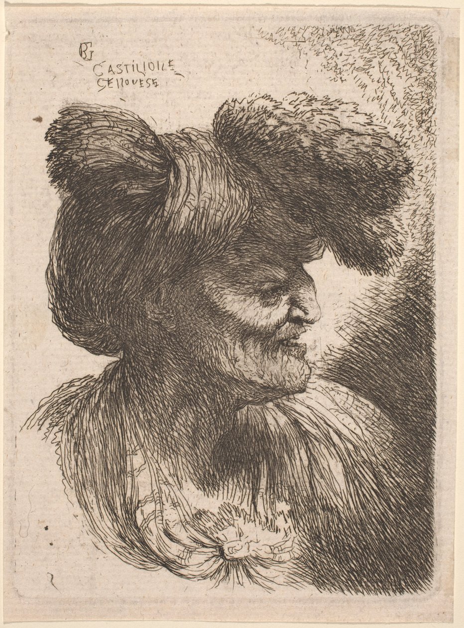 Velho vestindo um turbante ornamentado com peles, virado para a direita de Giovanni Benedetto Castiglione