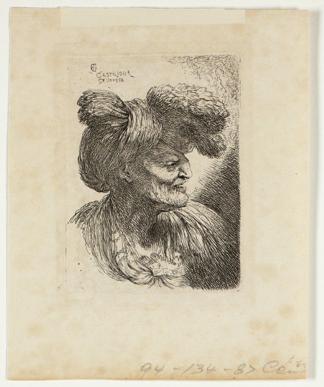 Velho vestindo um turbante ornamentado com pele, virado para a direita, de pequenos estudos de cabeças em cocar oriental de Giovanni Benedetto Castiglione
