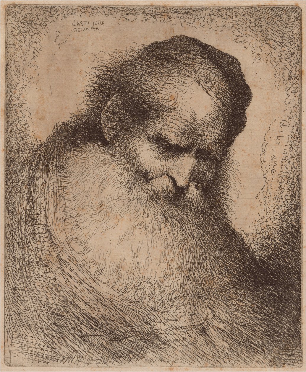 Velho com barba longa e solidéu, inclinando-se para a frente de Giovanni Benedetto Castiglione