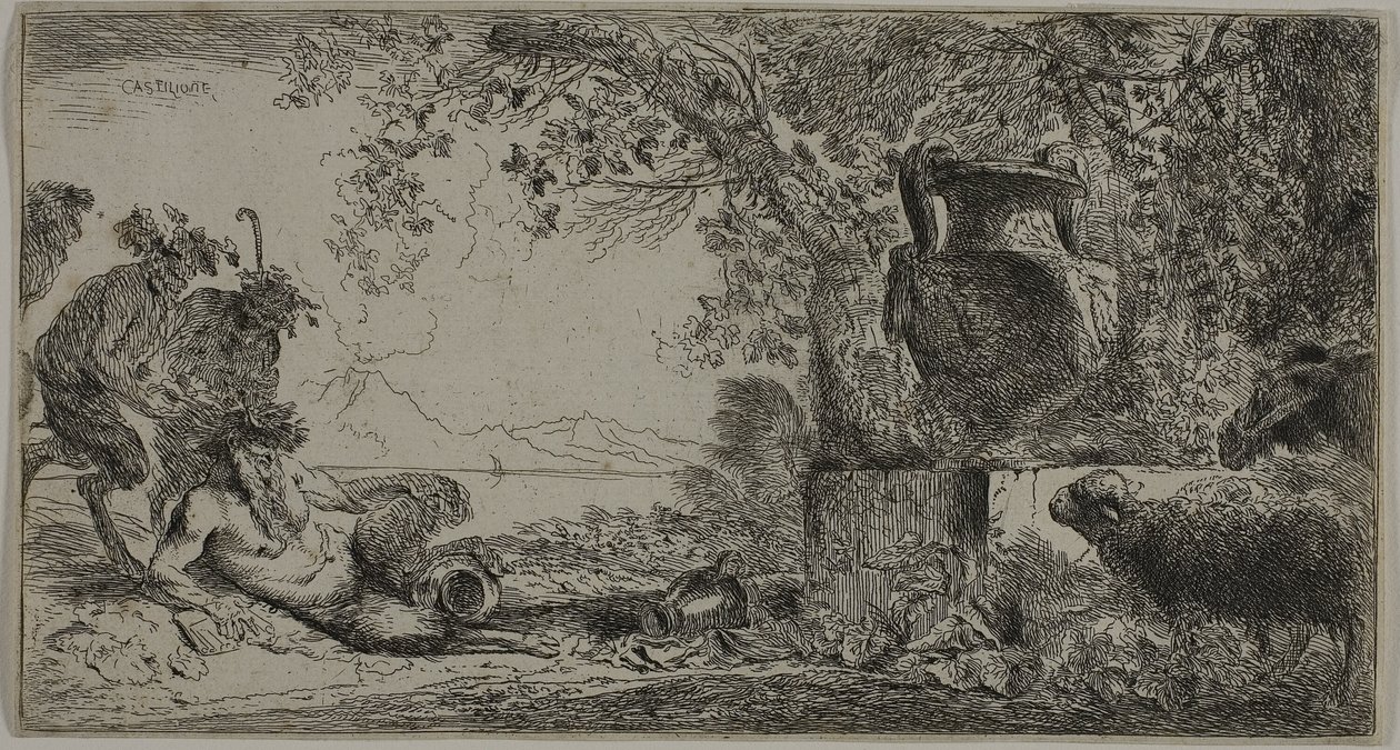 Pan reclinada diante de um grande vaso de Giovanni Benedetto Castiglione