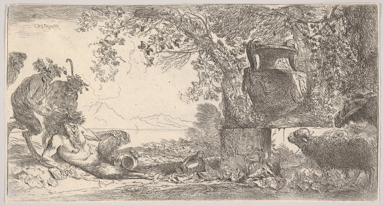 Pan reclinado à esquerda com dois sátiros em pé, um vaso grande em um pedestal à direita, ca. 1645 de Giovanni Benedetto Castiglione
