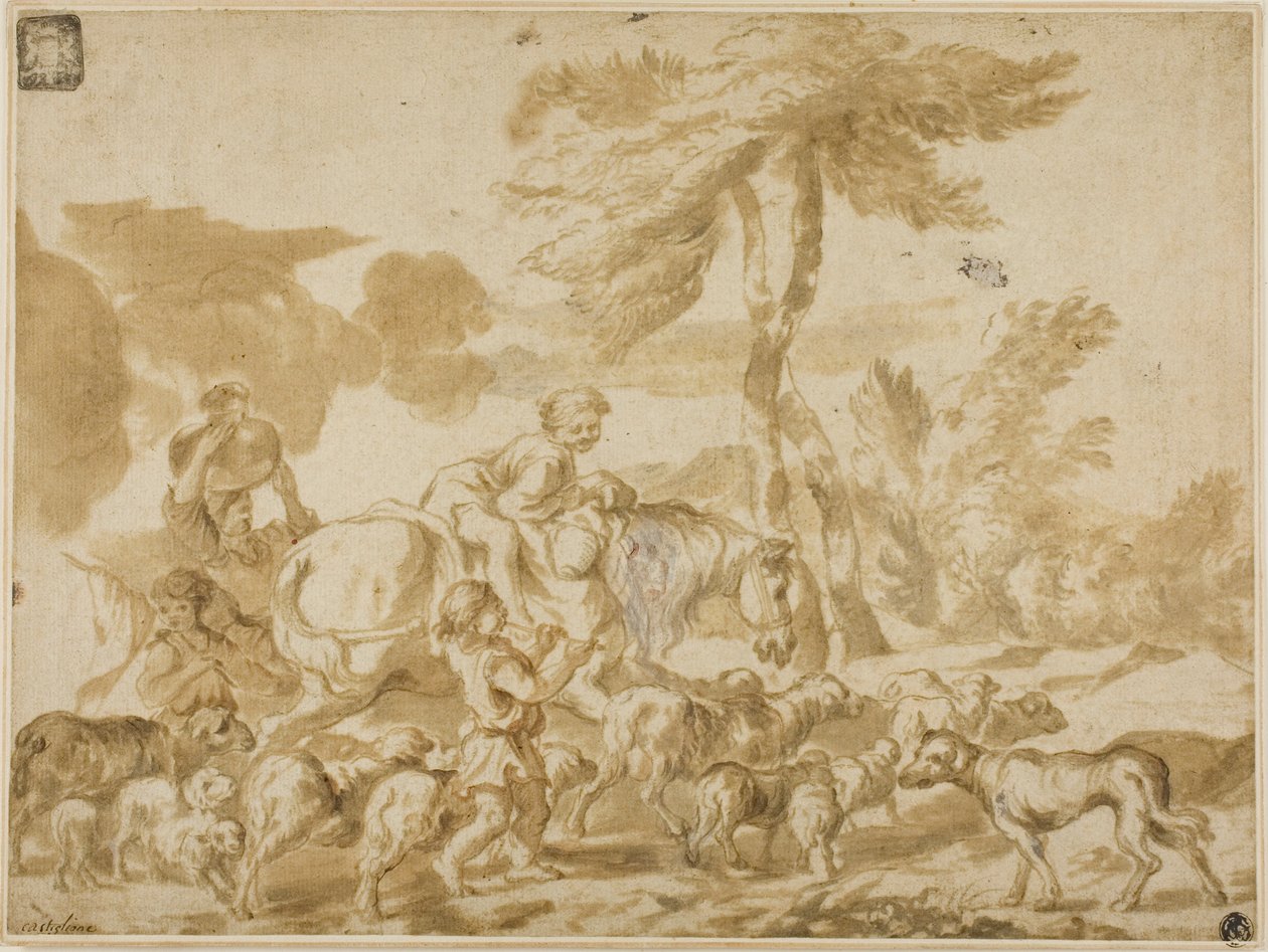 Família camponesa com ovelhas e cães de Giovanni Benedetto Castiglione
