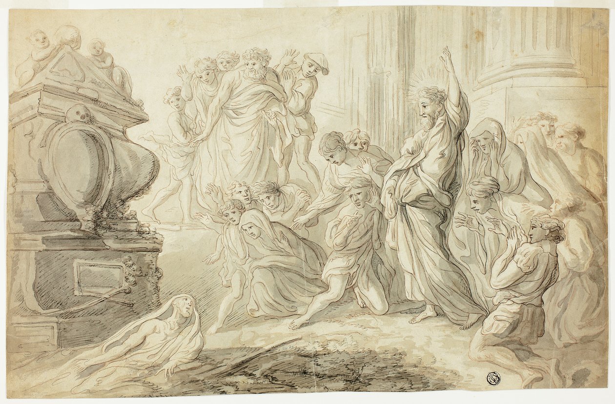Ressurreição de Lázaro (reto); Viajantes com Carrinho Outside Inn (verso) de Giovanni Benedetto Castiglione