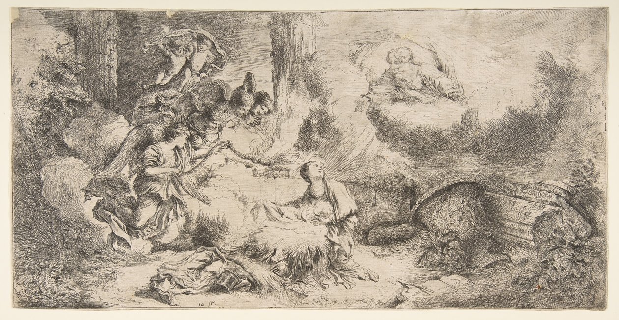 A Virgem e o Menino, Deus, o pai, canto superior direito, anjos à esquerda, ca. 1647-50. de Giovanni Benedetto Castiglione