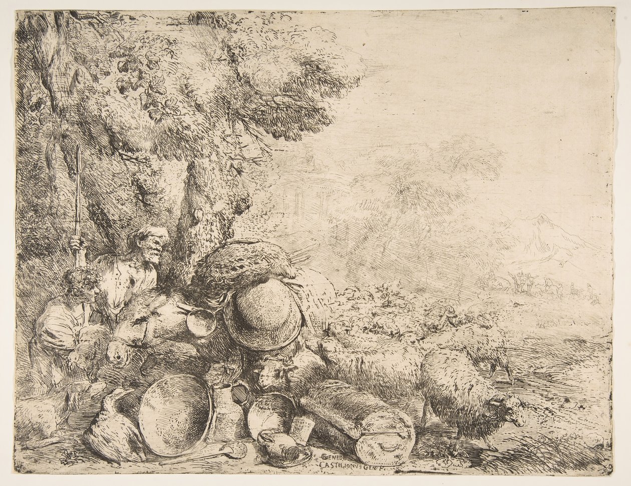 Dois pastores, um burro e outros animais em uma paisagem, ca. 1638-1640. de Giovanni Benedetto Castiglione
