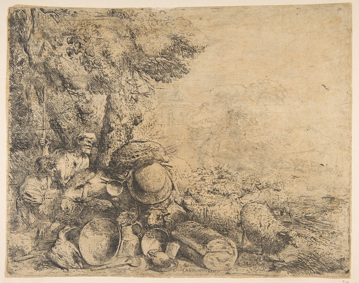 Dois pastores, um burro e outros animais em uma paisagem, ca. 1638-1640. de Giovanni Benedetto Castiglione
