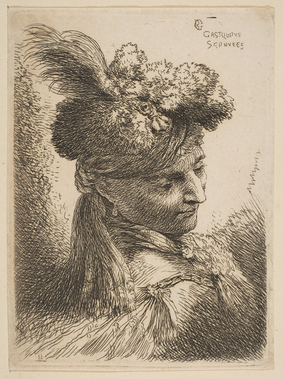 Jovem de frente três quartos à direita usando um cocar de pele com pluma, joia e..., ca. 1645-50. de Giovanni Benedetto Castiglione